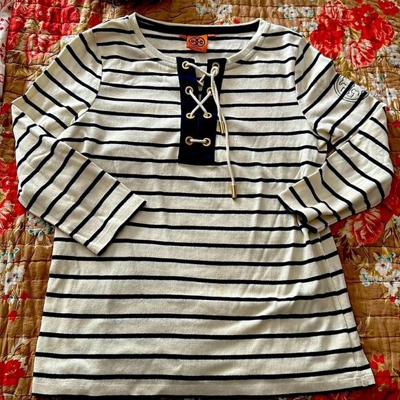 Tory Burch drawstring jersey-style, striped top. - Picture 1 of 5